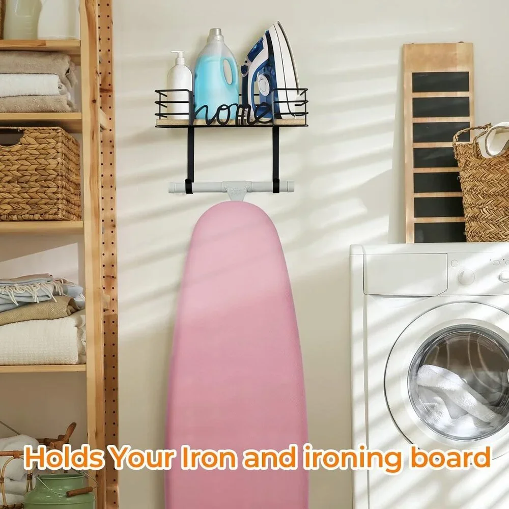 Polished Metal & Wood Ironing Board Stand - Rustic Home Organizer Solution